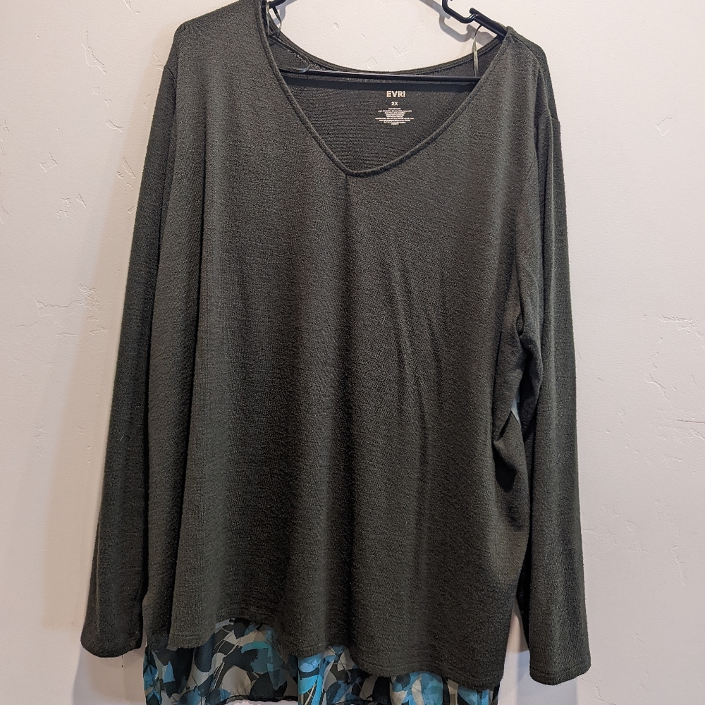 Green and blue casual Flowy work Plus Size shirt 2x
